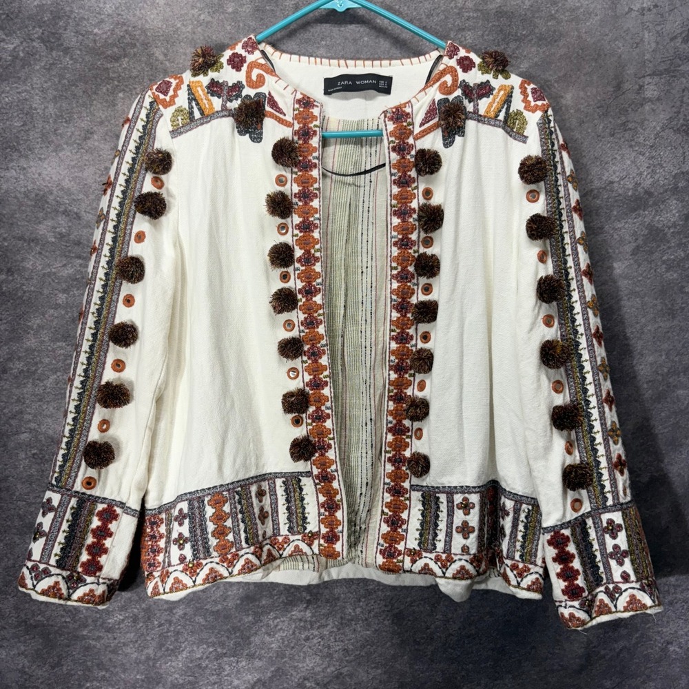 Zara Woman Boho Embroidered Pompom Mirror Jacket Size S Spain Edition Cream